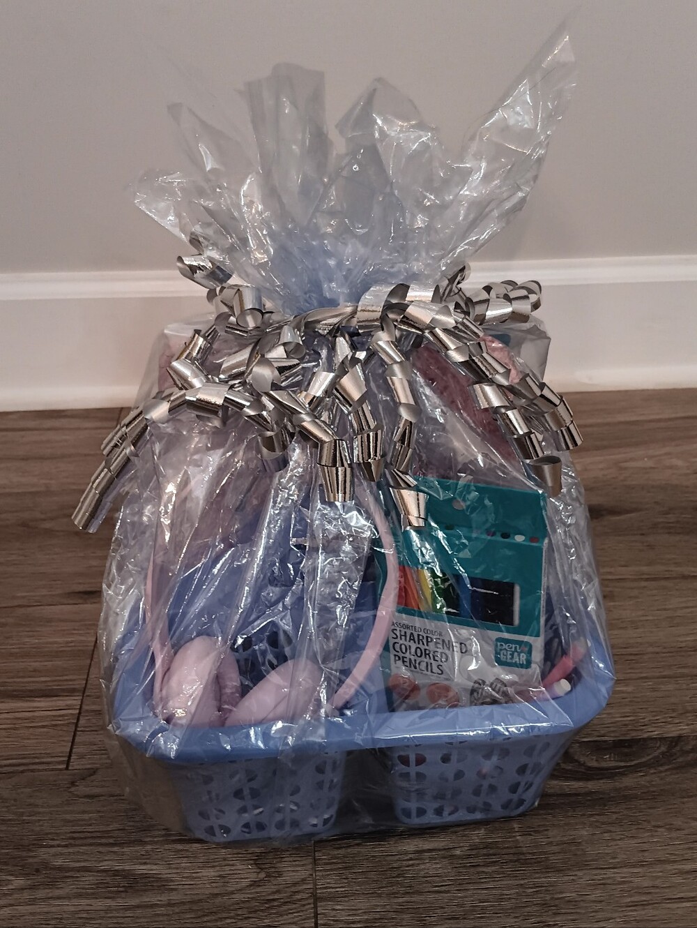 Blue Gift Basket with Pink Headphones and School Supplies